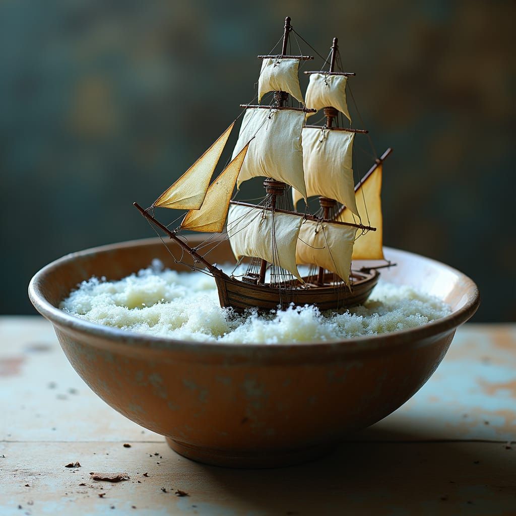 Miniature Tall Ship in a Soup Bowl Storm