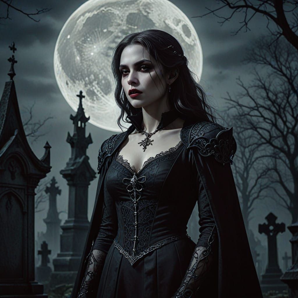 Female Vampire in Graveyard, Dark Fantasy Artwork