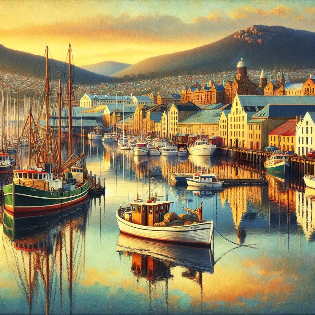 Tranquil Oil Painting of Constitution Dock at Hobart, Tasman...