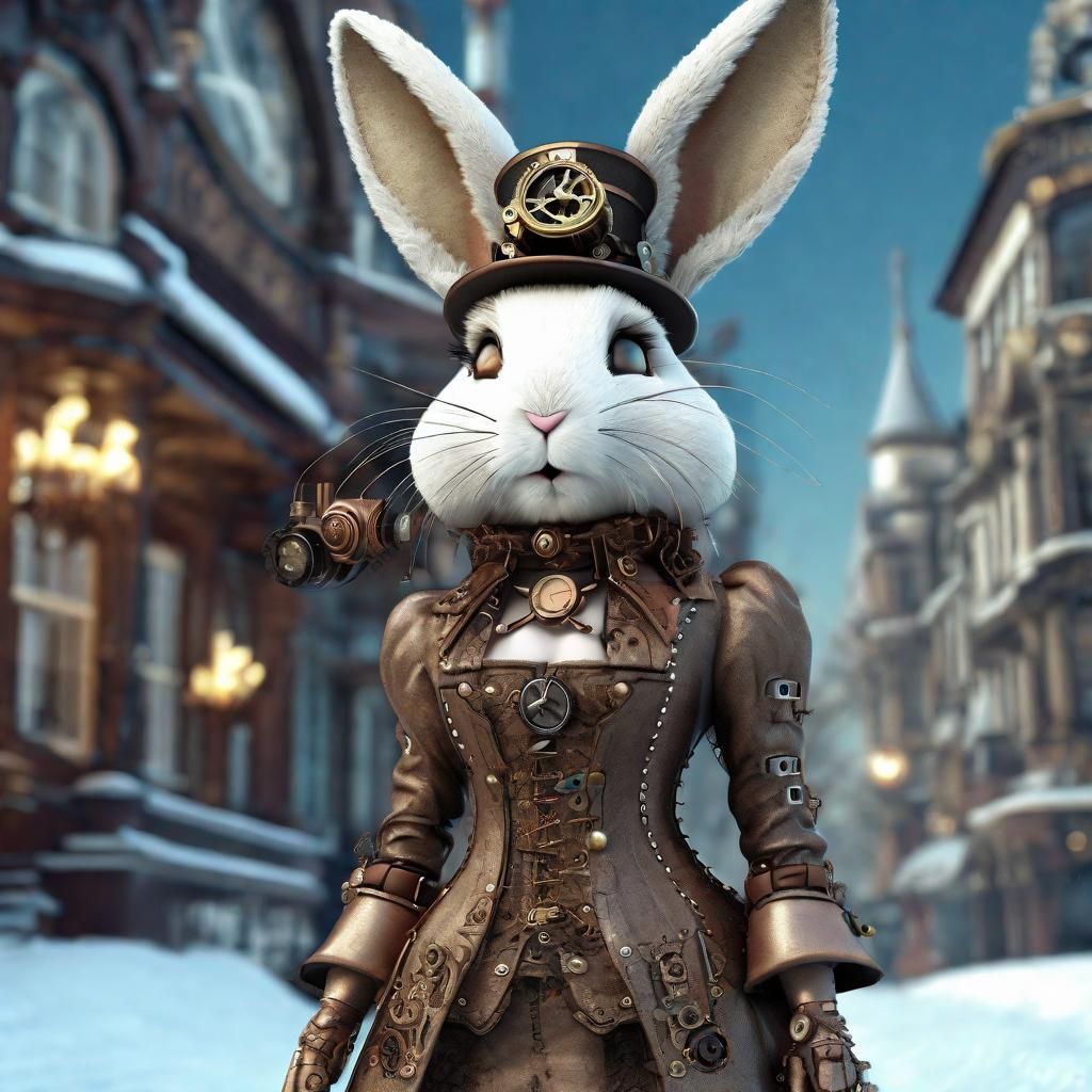 Steampunk Rabbit in Winter Wonderland: Ornate Digital Art