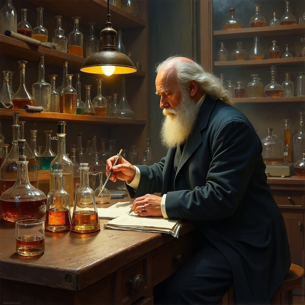 Mendeleev Studies Alcohol-Water Mix in Oil Painting Style