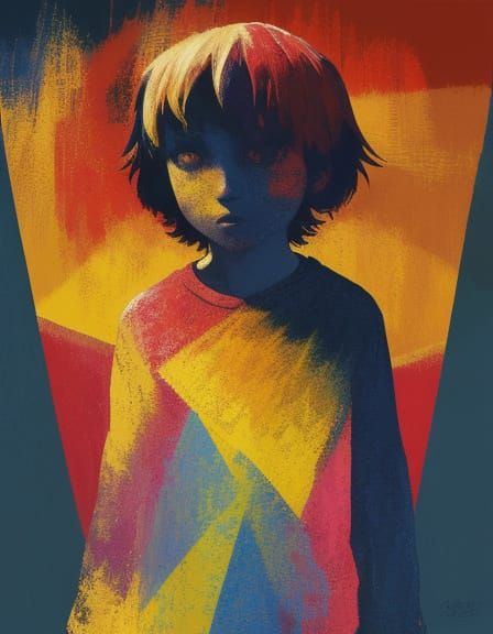 Boy in Geometric Sunshine: Digital Art in Klee Style