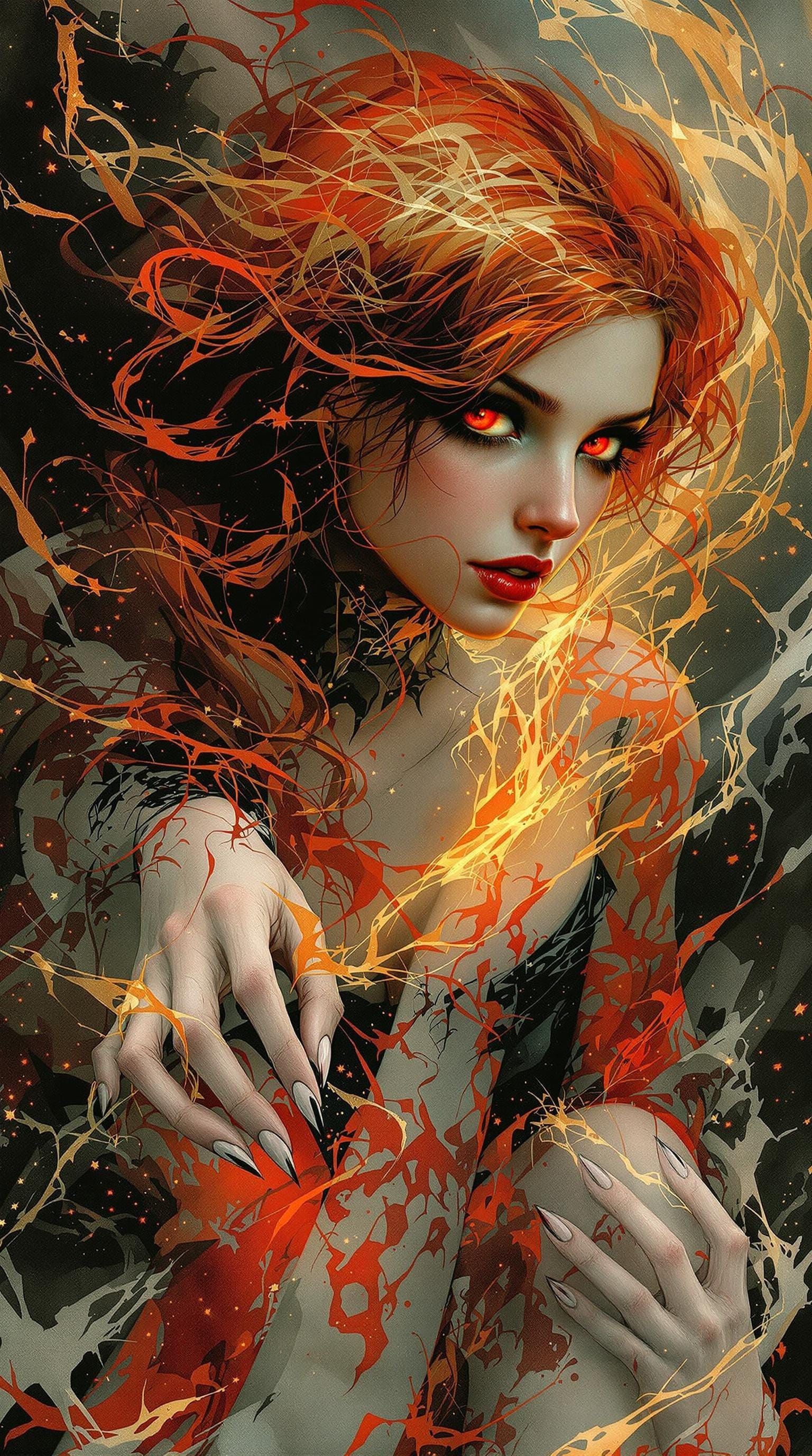Enchanting Copper-Haired Siren in Fiery Aura