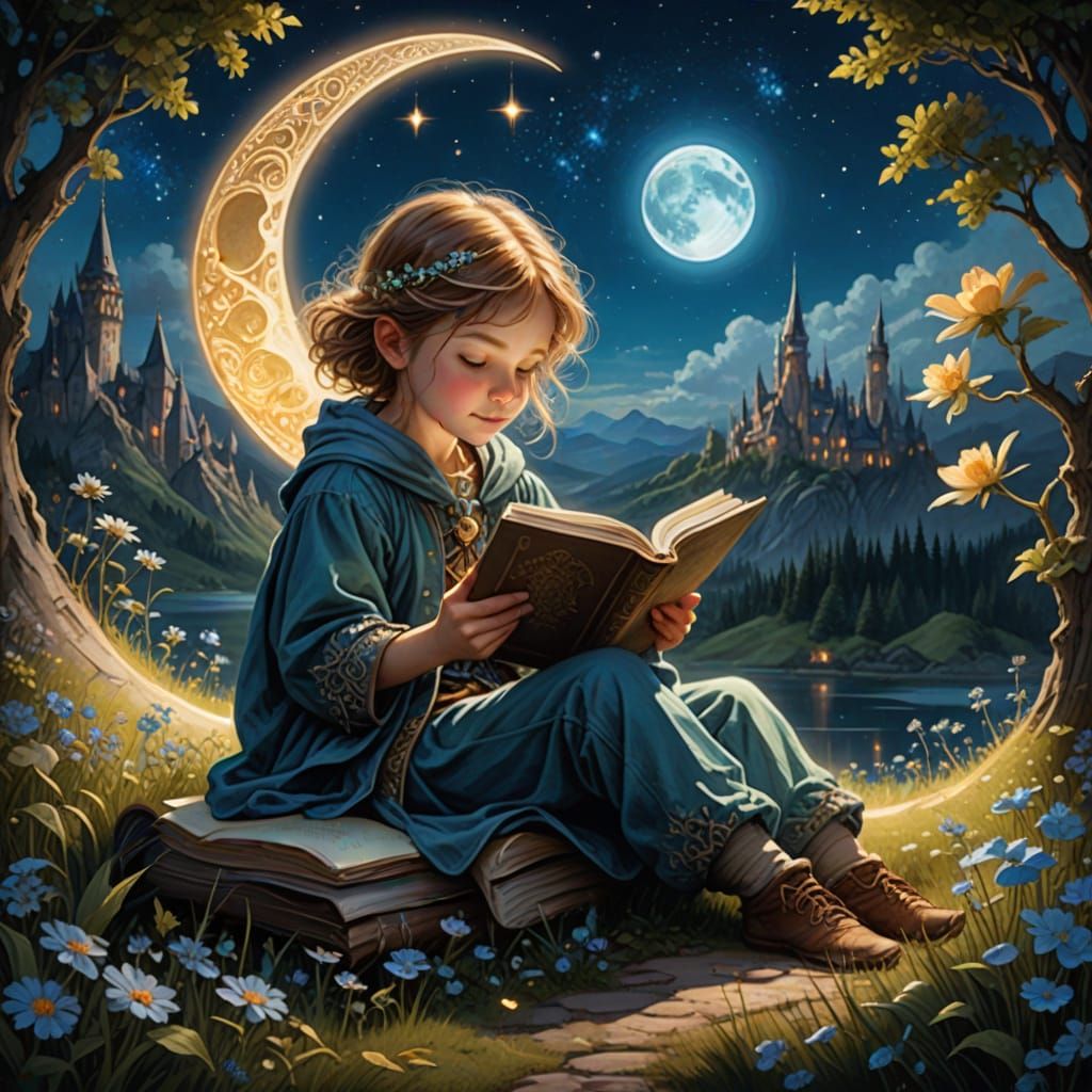 Child Reading Glowing Book on Moon, Fantasy Illustration