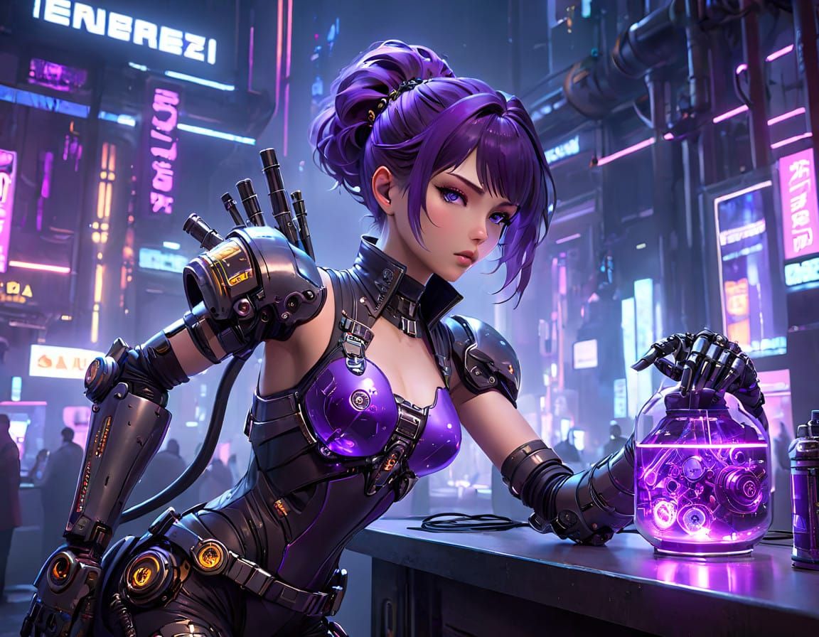 Cyberpunk Scientist with Glass Arm and Violet Liquid