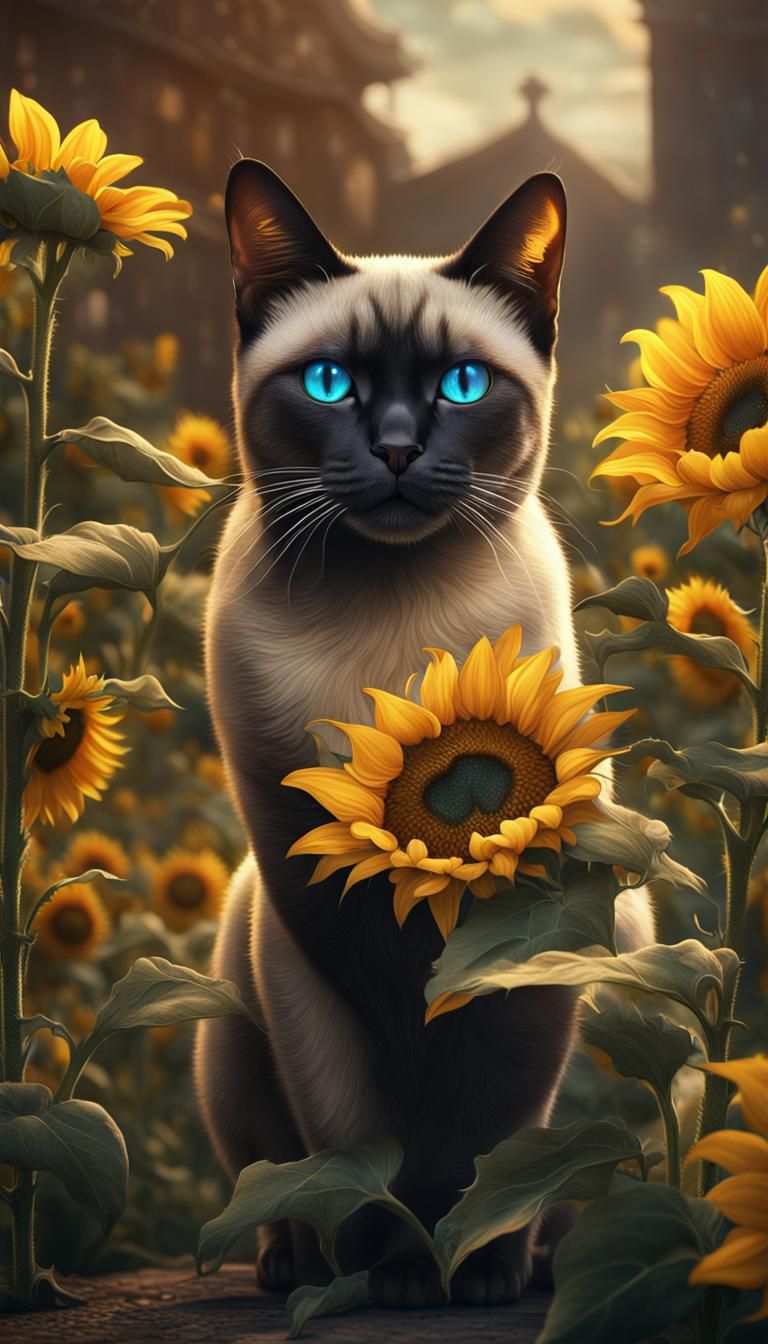 Siamese Cat in Sunflowers: Detailed Matte Painting