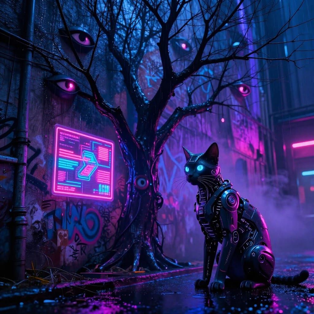 Cyberpunk Alley Cat Watches Graffiti Tree with Evil Eyes