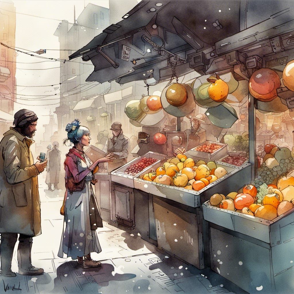 Futuristic Cyberpunk Marketplace Argument in Watercolor Styl...