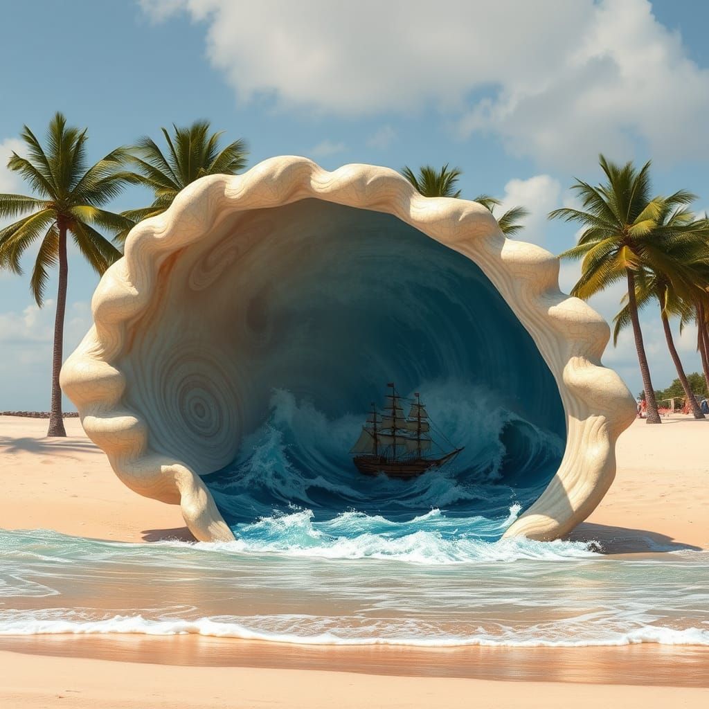 A beautiful  real, hyperrealism, 
 gigantic shell sitting on...