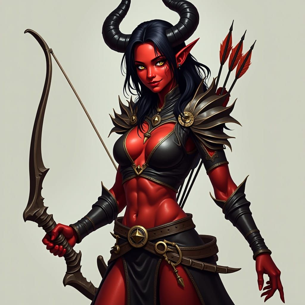 A lithe and athletic tiefling with crimson skin, curling black horns, and piercing yellow eyes. Nyssa wears dark leathe ...