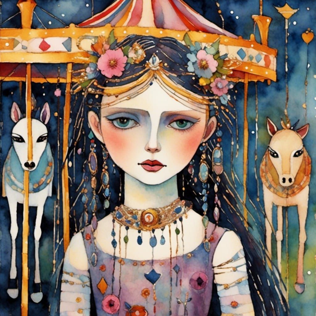 Girl in Broken Doll Mask on Carousel, Watercolor Style