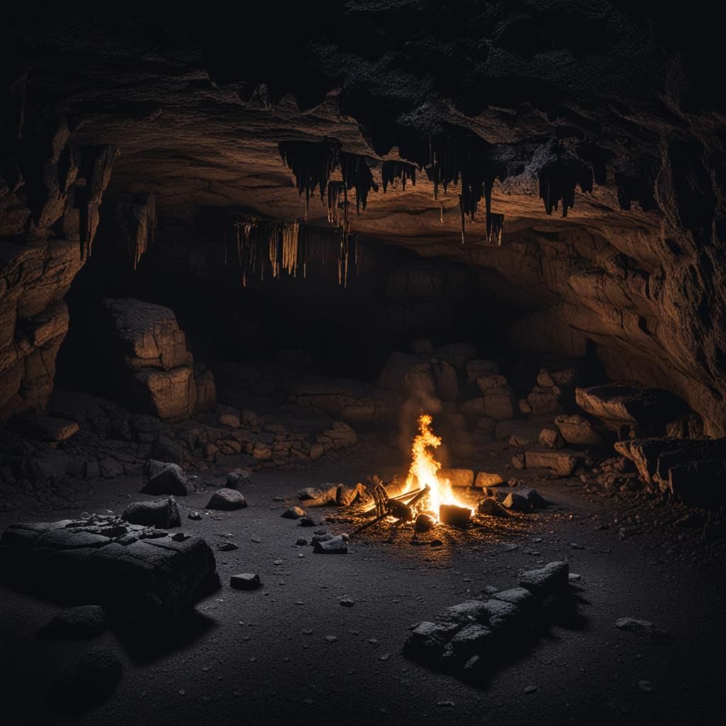 Gloomy Cave with Campfire Remains