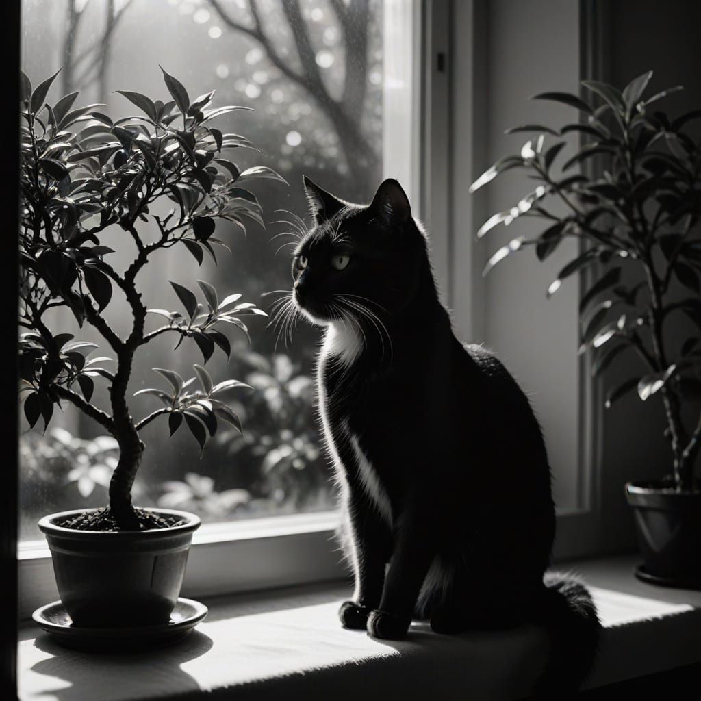 Monochrome Cat Contemplates Bonsai: Film Noir Portrait