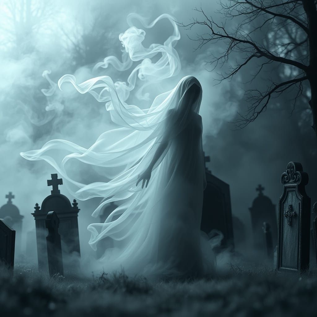 Ethereal Ghostly Silhouette in Misty Cemetery Landscape