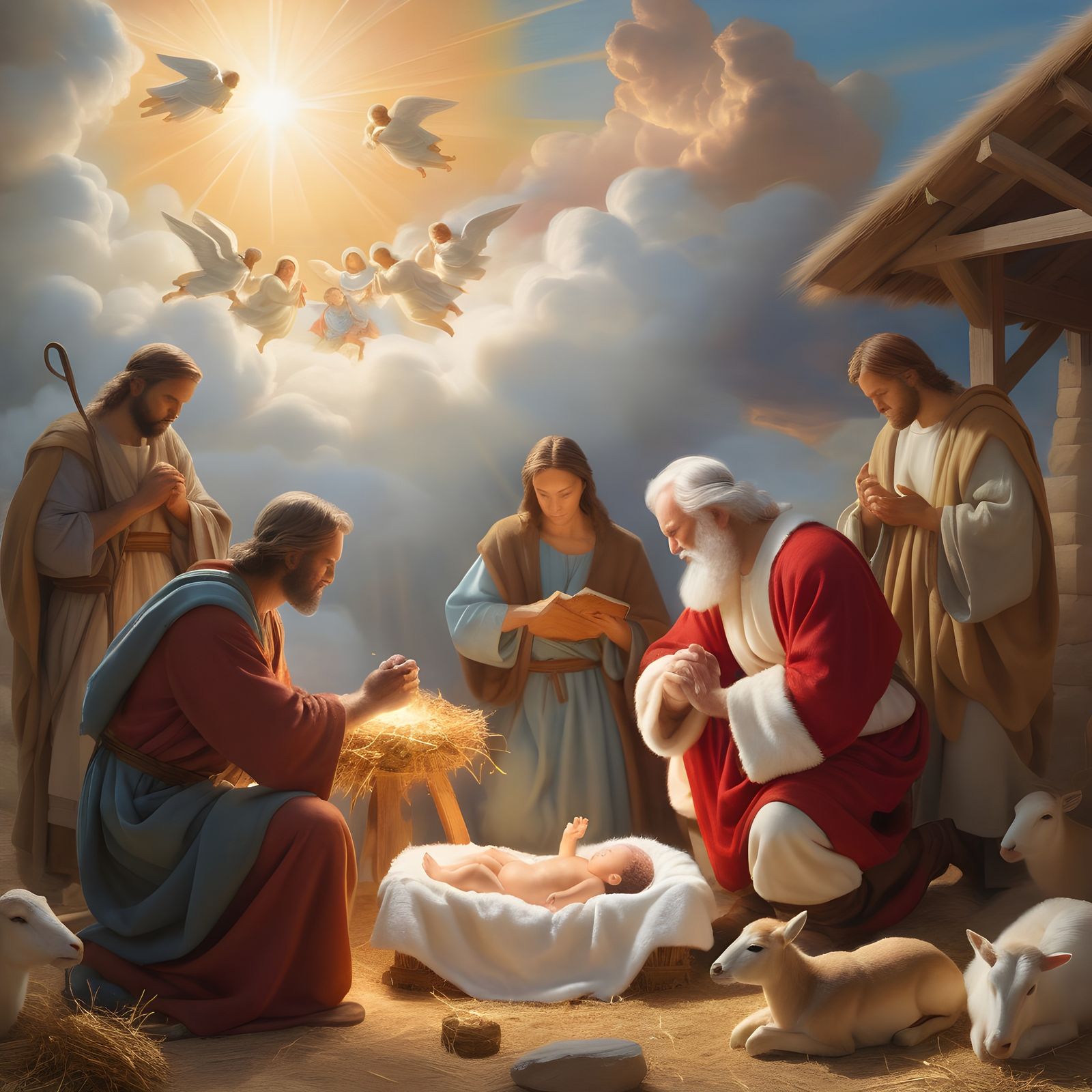 Surreal Nativity Scene in Warm Golden Light with Heavenly Ch...