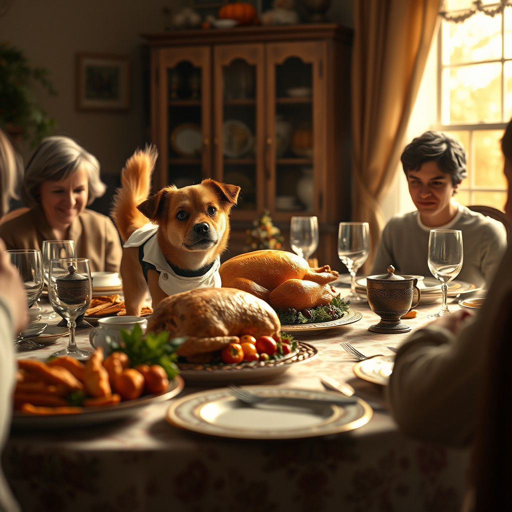 Dog Steals Turkey Dinner in Rockwell Style