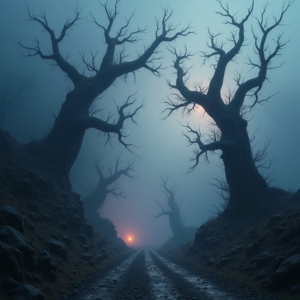 Surreal Dreamscape with Eerie Mist and Twisted Trees