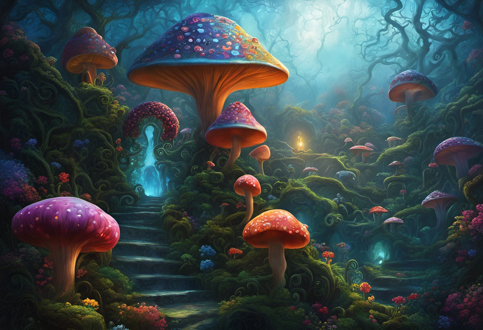 Iridescent Mushroom Labyrinth in High Fantasy Style