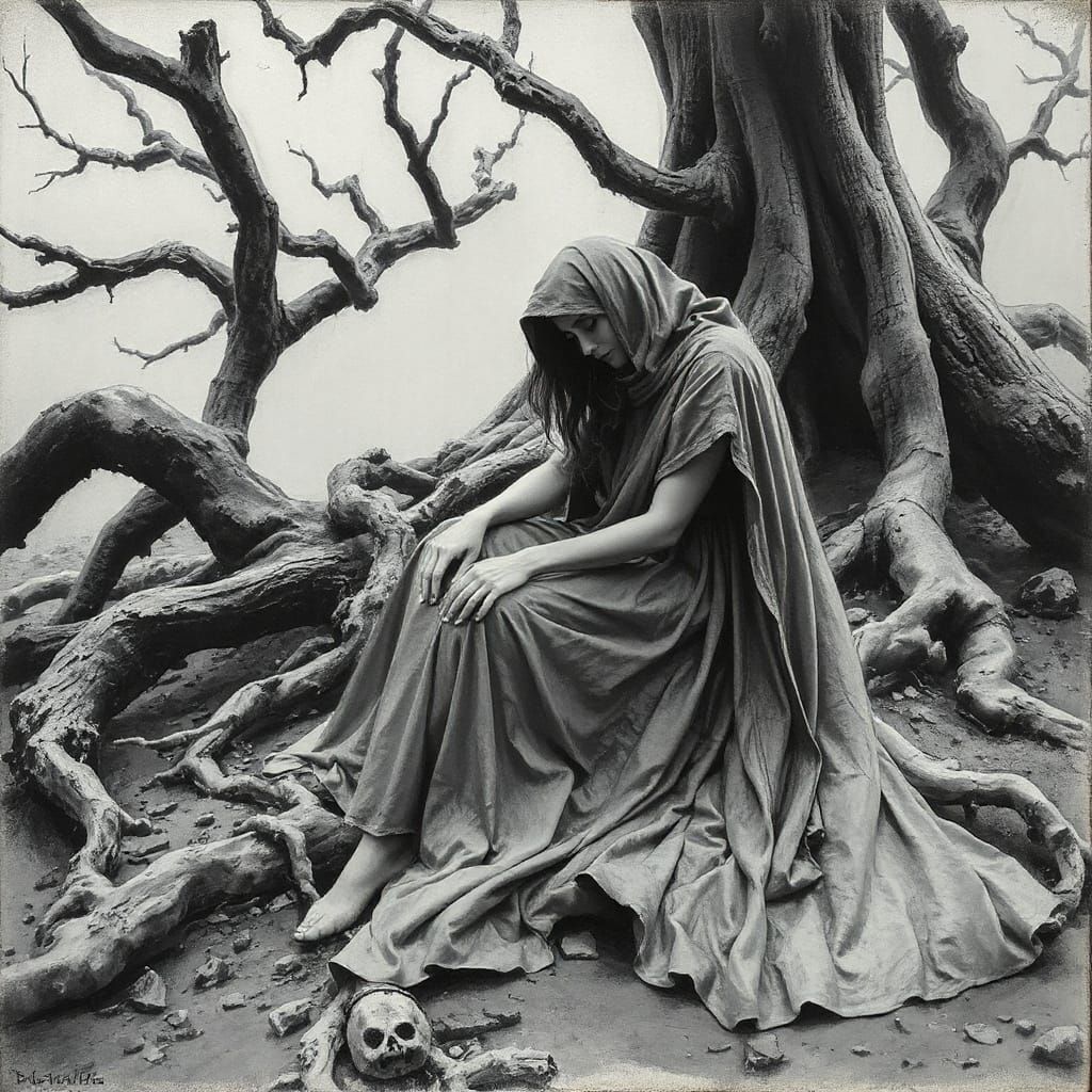 Woman in Misty Forest: Expressive Charcoal Art