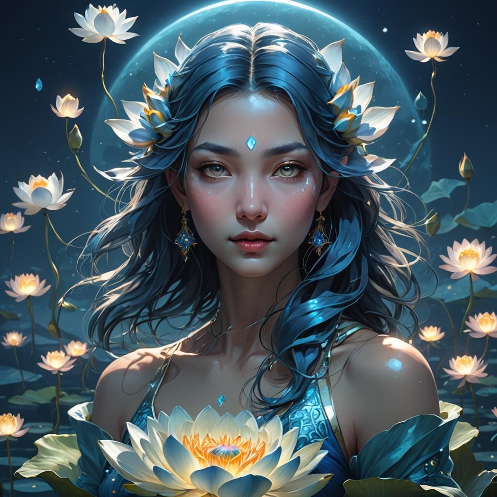 Glowing Blue Lotus in Moonlight: Fantasy Art
