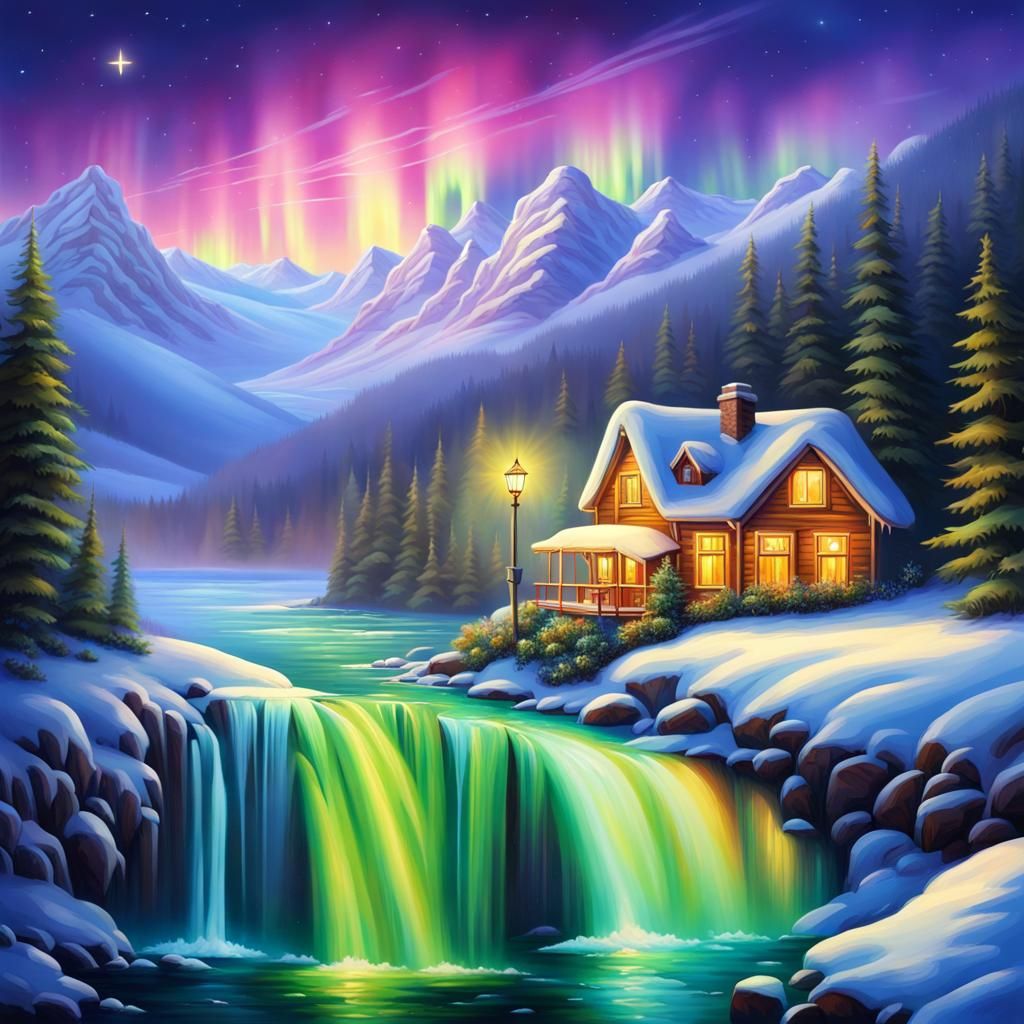Glowing Northern Lights Over Snowy Mountain Cottage