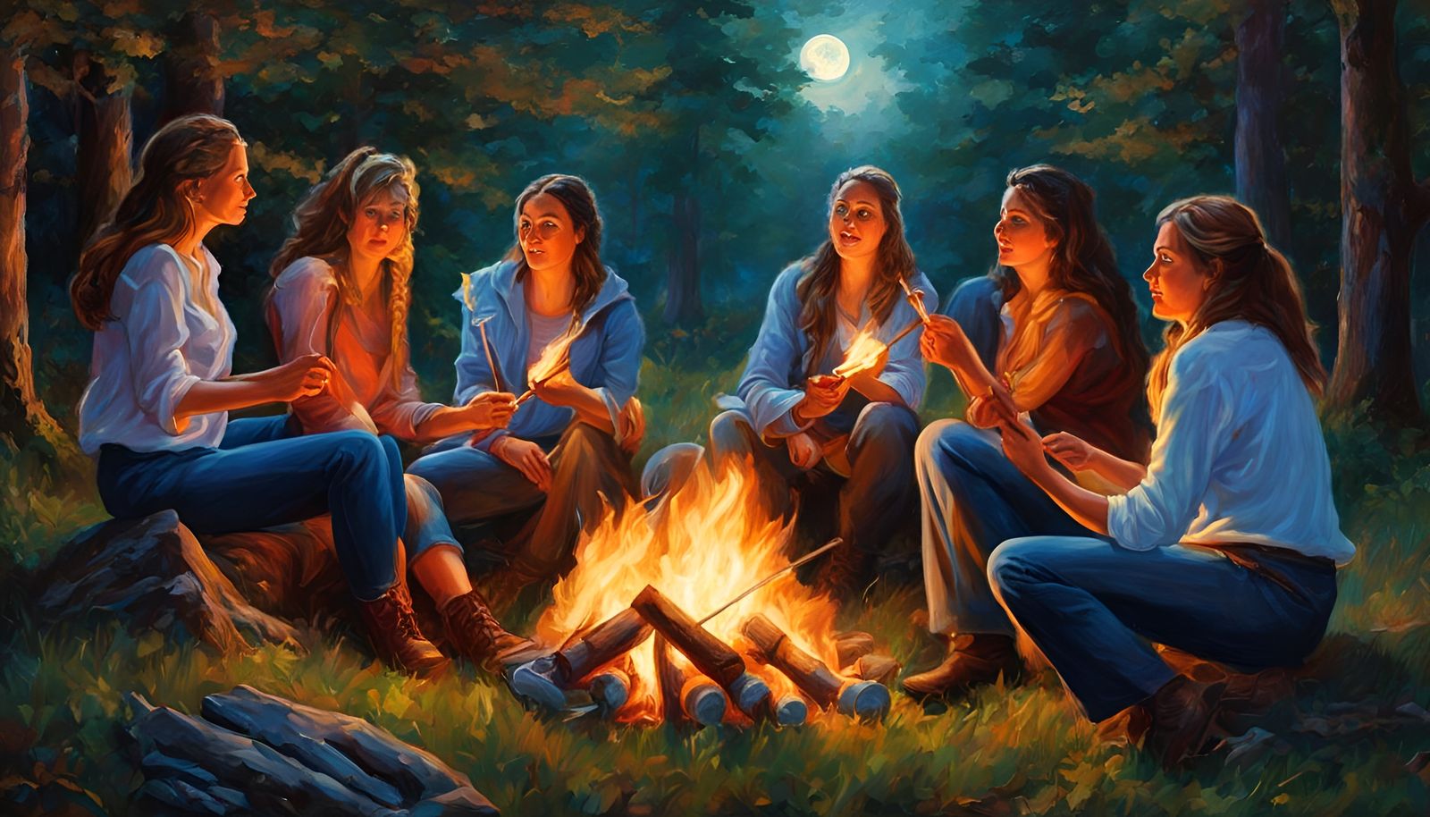 Women Roasting Marshmallows, Hyperrealistic Oil Painting