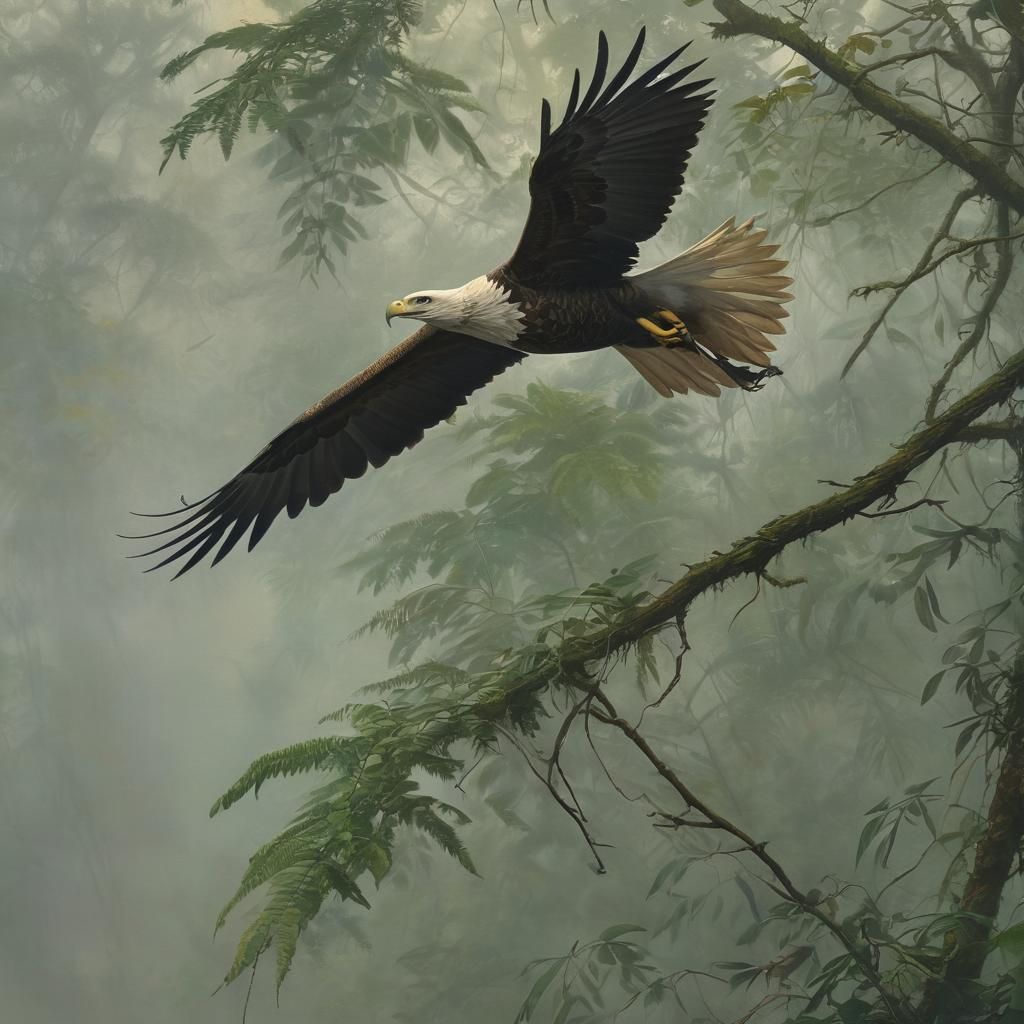 Eagle in Flight Over Amazon Forest Oil Painting