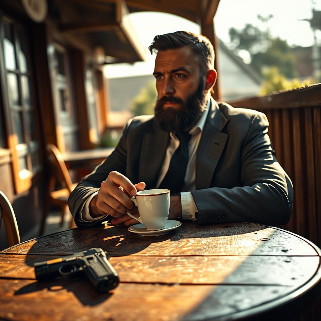 Rugged Gentleman Sips Coffee at Sunset