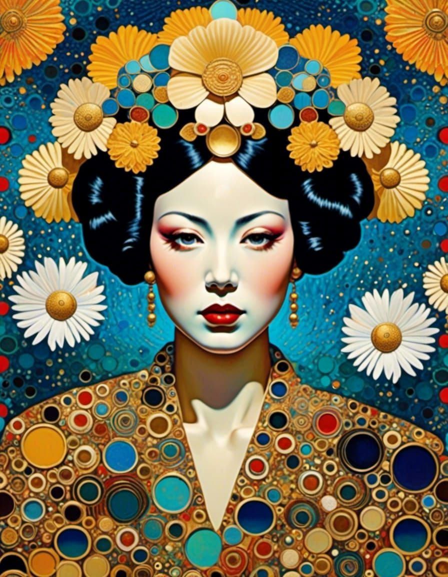 Geisha with Daisy Crown in Neo-Impressionist Style