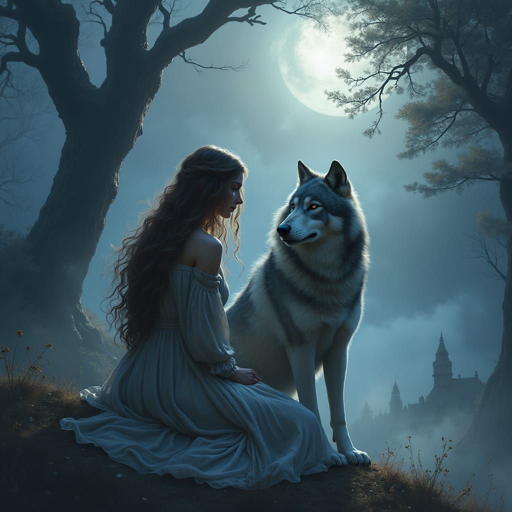 Mystical Woman and Wolf in Ethereal Moonlight