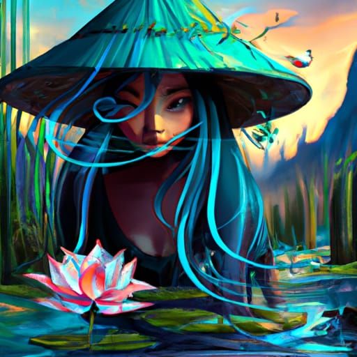 Chinese Woman with Lotus Pond: Digital Art