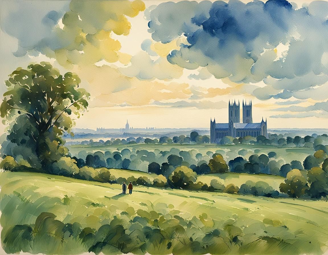 Lincoln Cathedral in Lush Field: Impressionist Gouache Lands...
