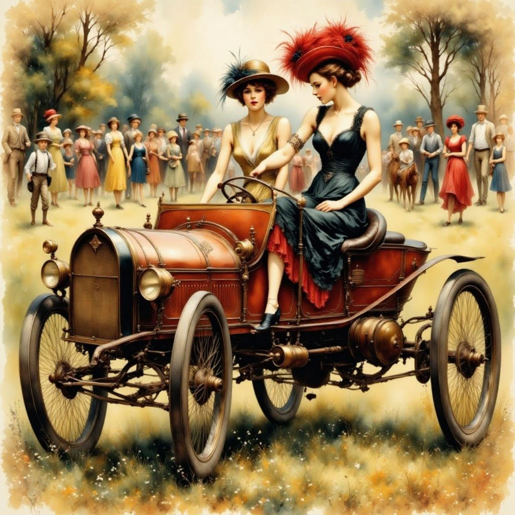 Flapper Girls Race Cars in Impressionist Style