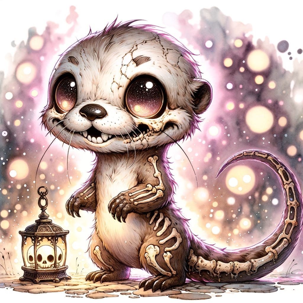 Chibi Undead Otter with Lantern in Watercolor