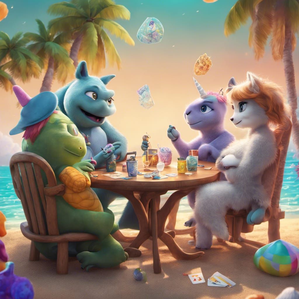 Animals Playing Cards on the Beach in 3D