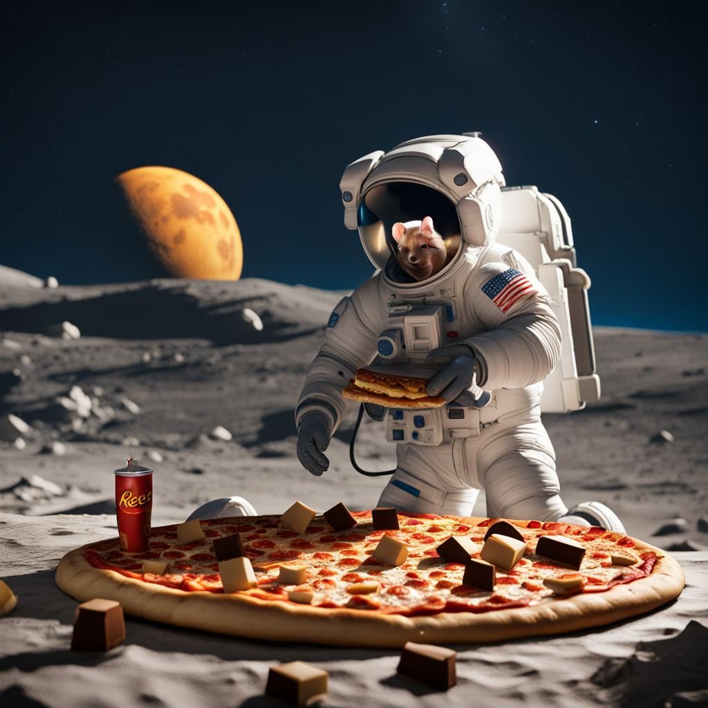 Mouse Eats Pizza on Moon in Hyperrealistic Photo