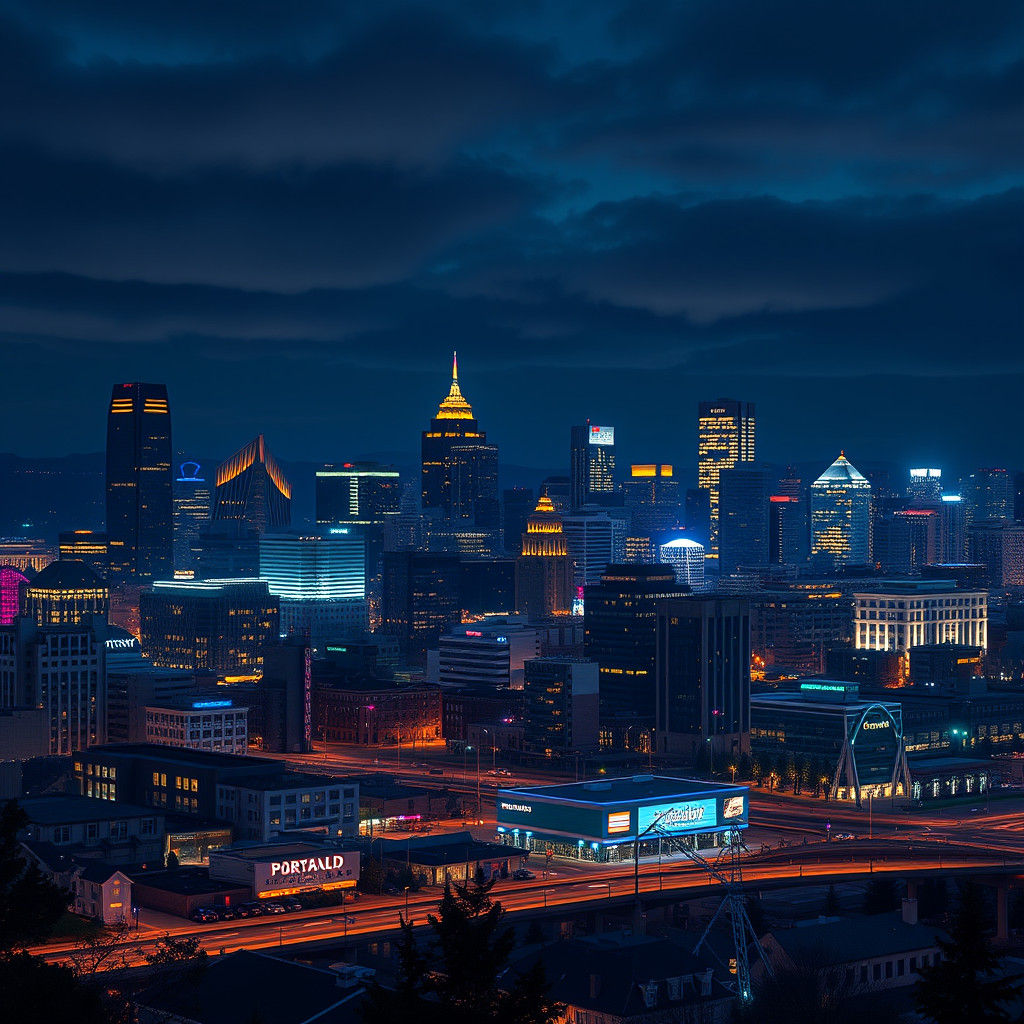 Portland Oregon Skyline at Night in Anime Style