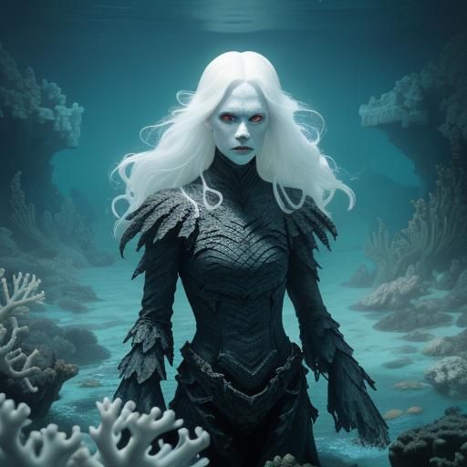 dark fantasy portrait of white albino fish woman, photo, por...