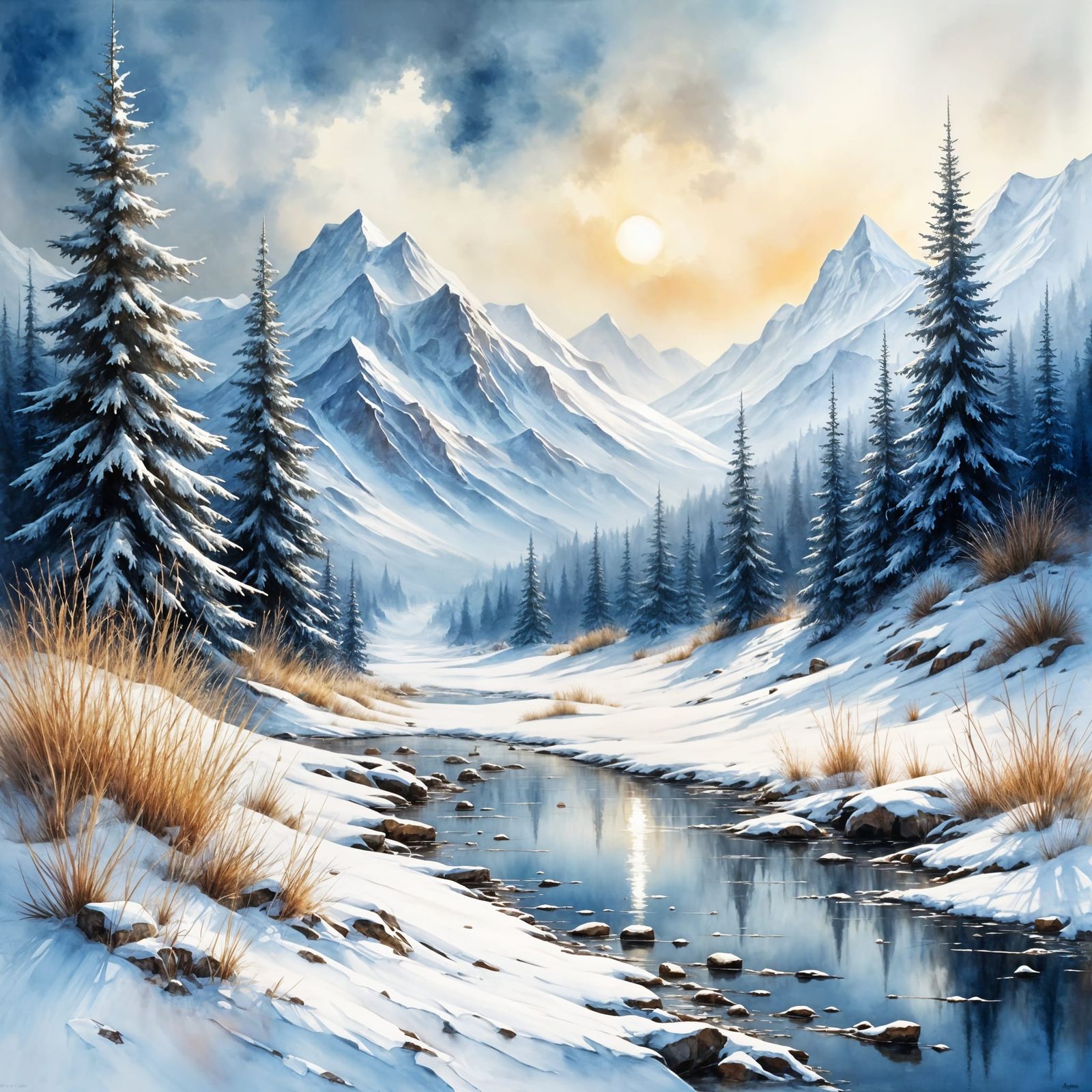 Winter Seaside Landscape in Gouache and Watercolor Style