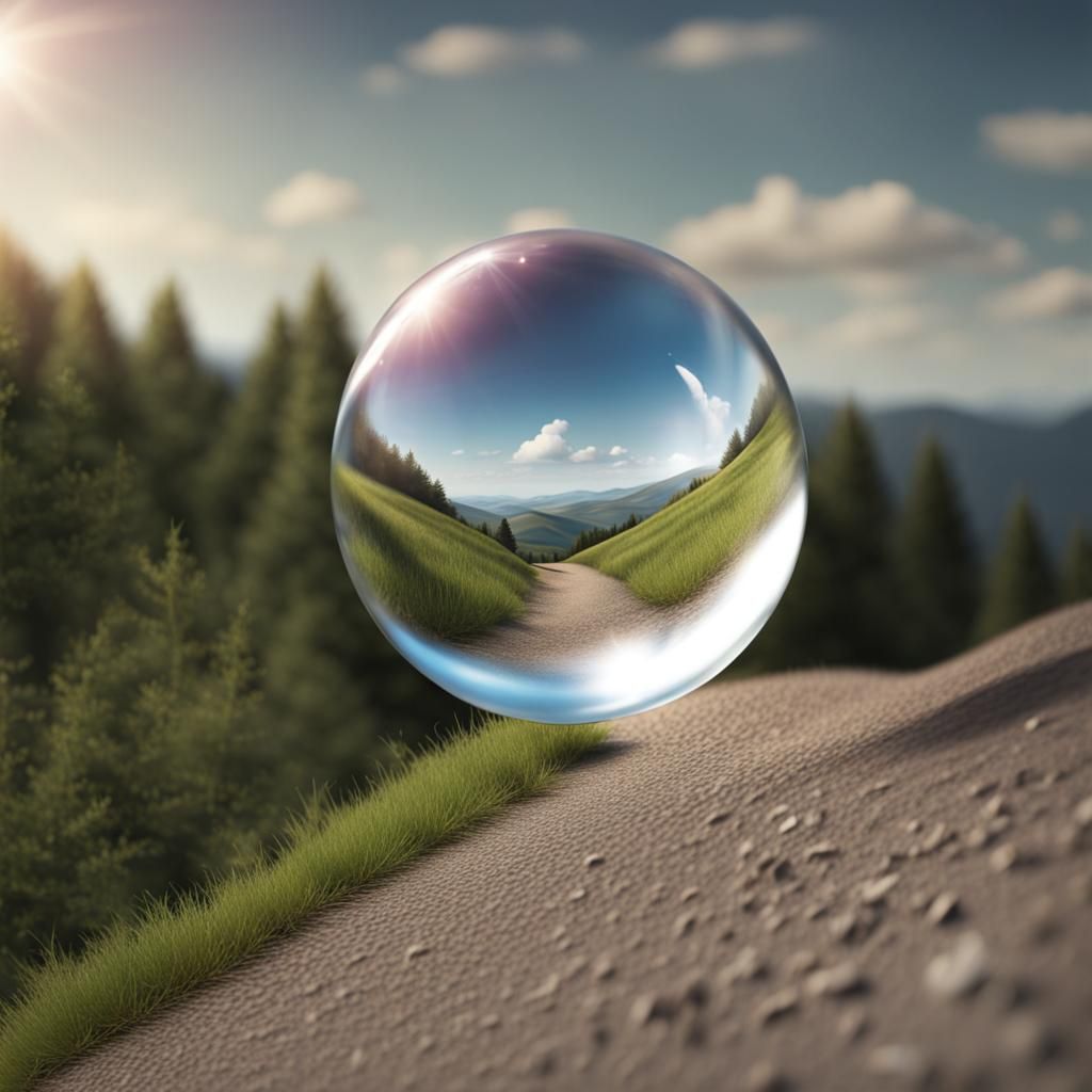 Crystal Ball Rolling Downhill: Photorealistic Image