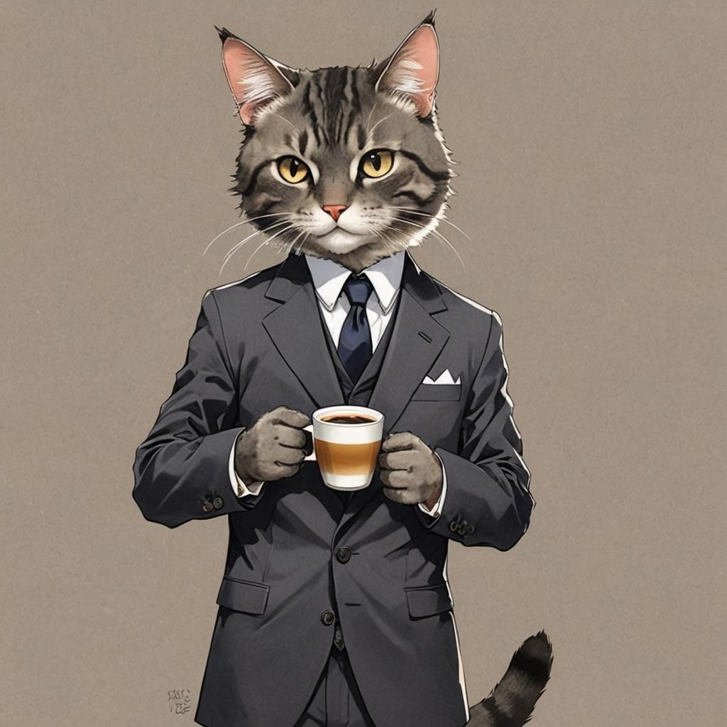 Anime Cat in Suit Drinking Coffee