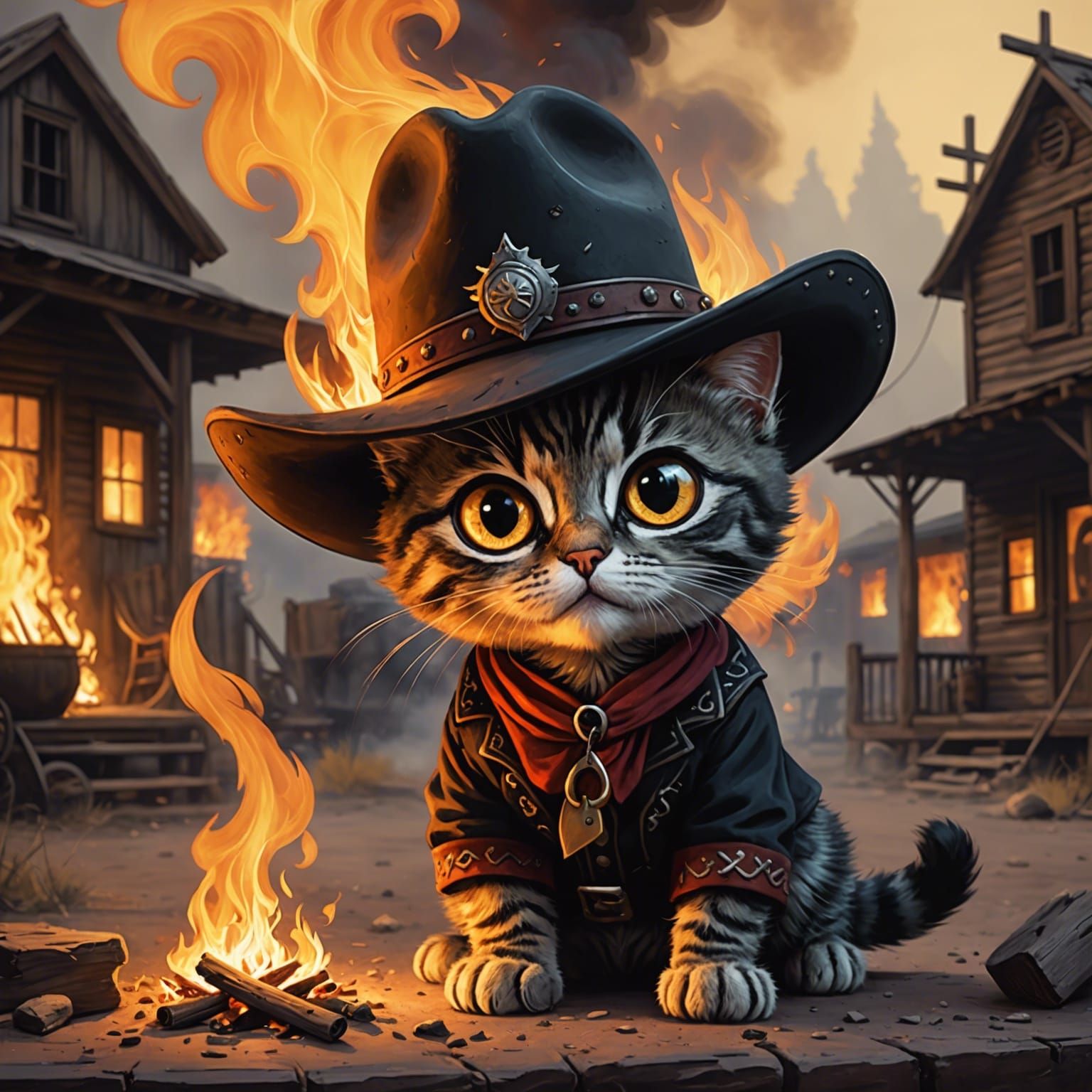 Cowboy Cat Amidst Beckton Fire, Digital Art