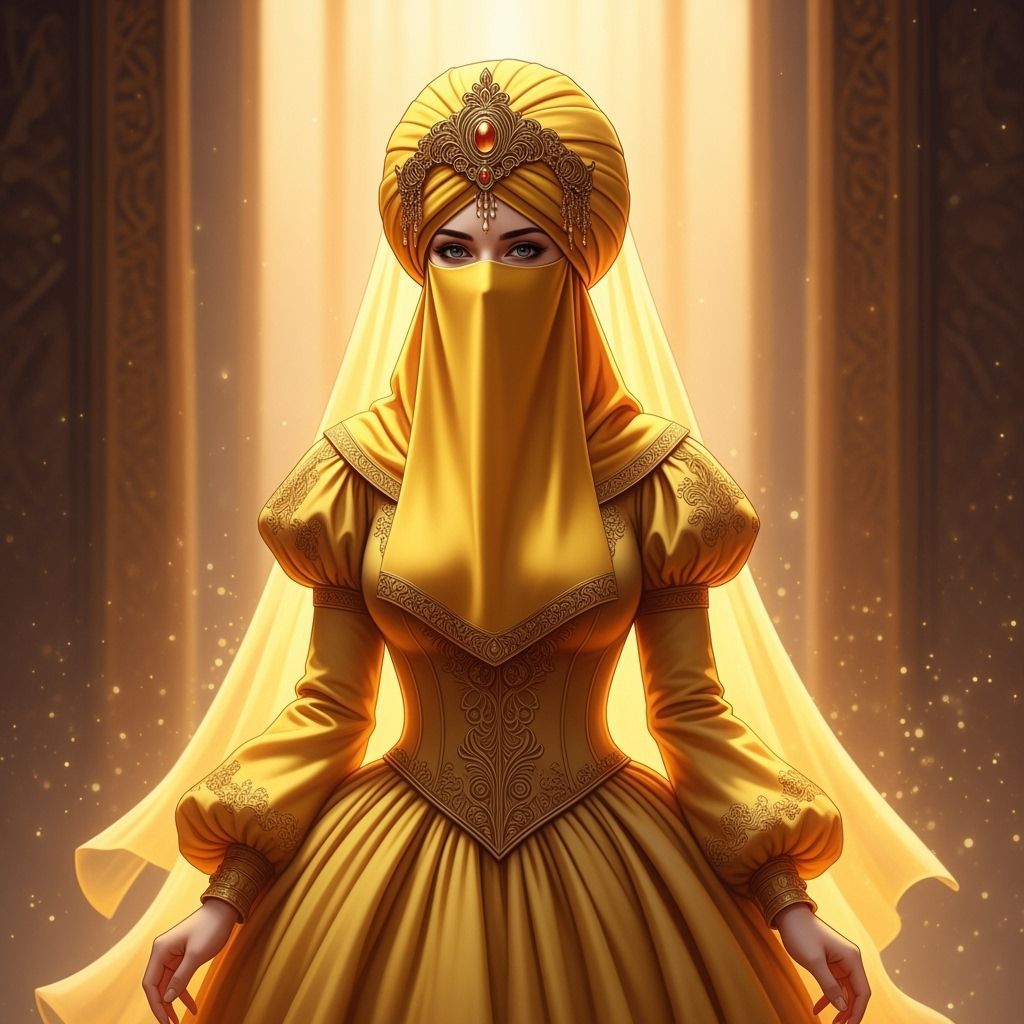 Woman in Yellow Niqab, Turban, and Gown with Gold Embroidery