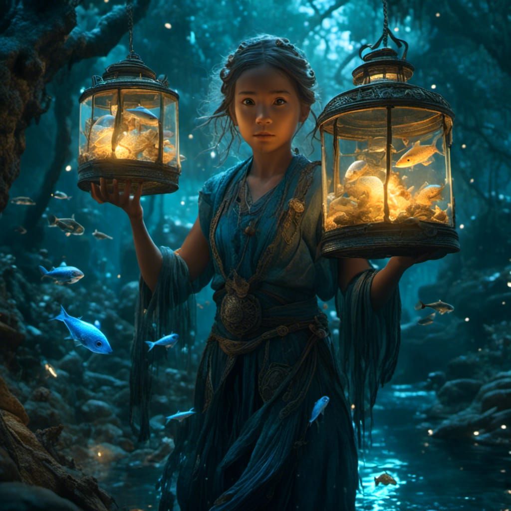 Girl with Bioluminescent Fish Lantern in Dark Forest