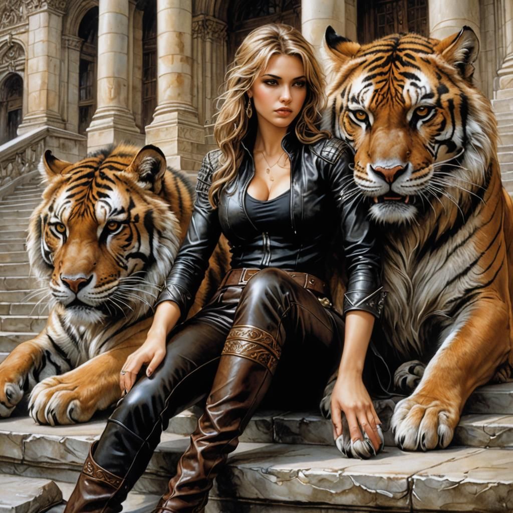 Woman and Sabretooth Tiger Illustration in Royo Style