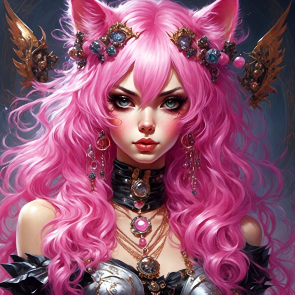 Anime Catgirl Neko Metalhead with Pink Hair