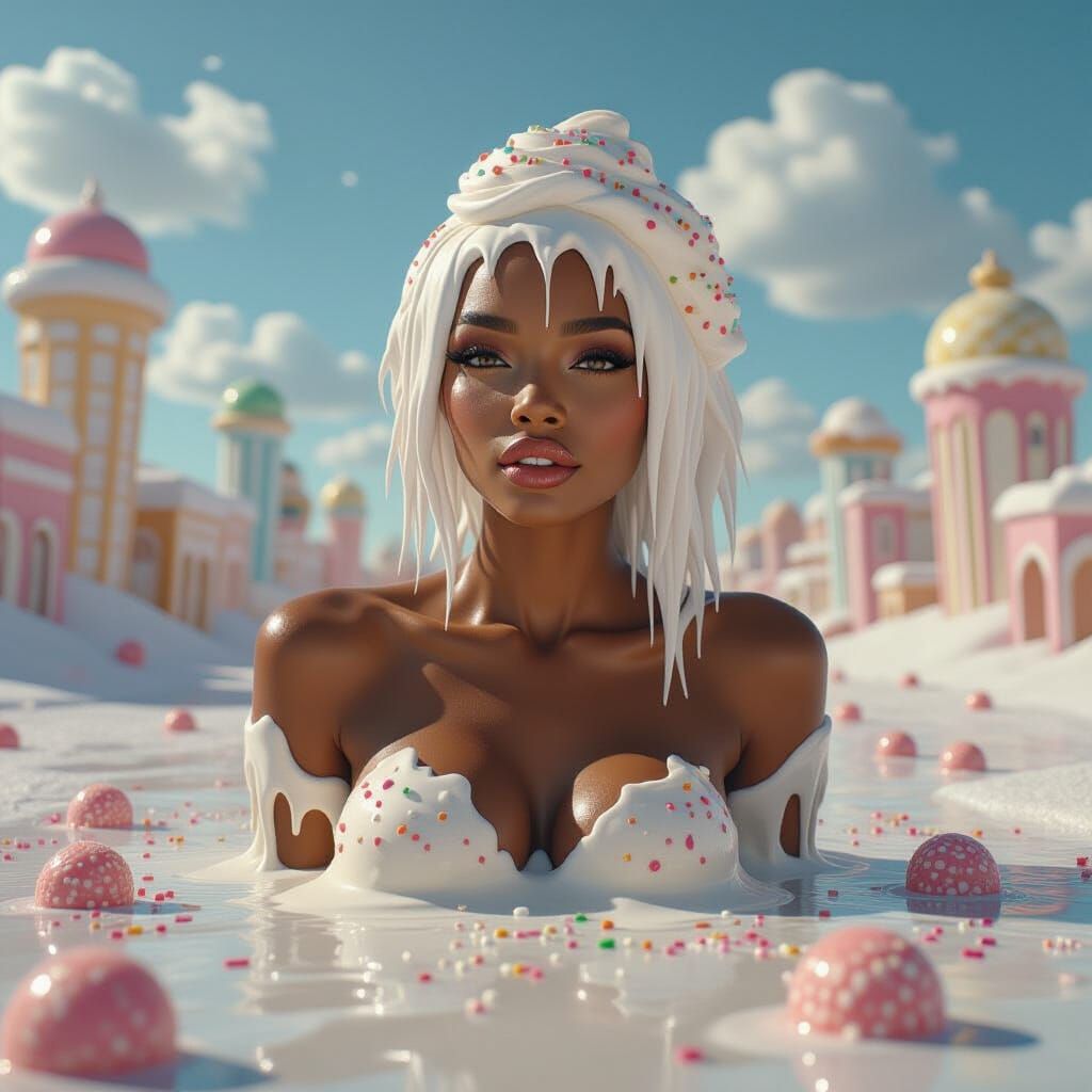 Melting Ice Cream Woman in Candy Landscape