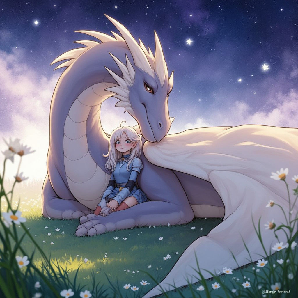 Enchanting Anime Dragon Protects Knight in Meadow