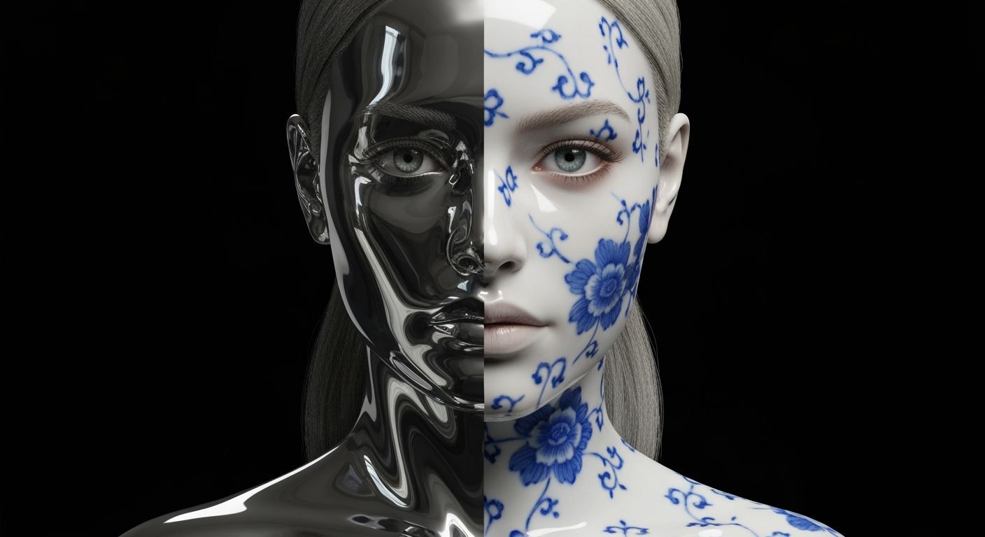 Woman's Face Split Between Chrome and Porcelain