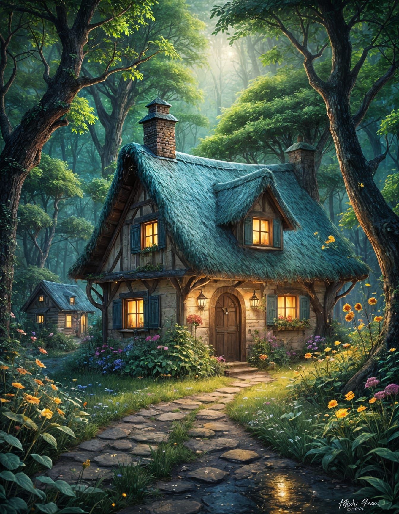 Enchanted Forest Cottage in Dramatic Twilight